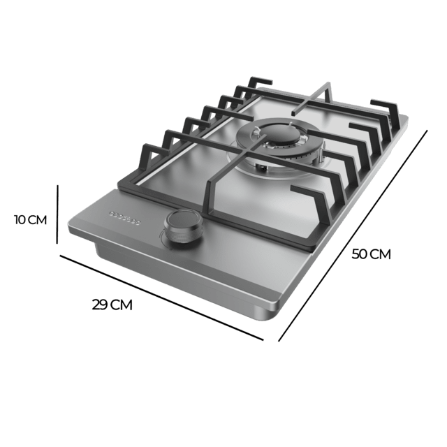 Bolero Squad G 1200F Inox Placa de gas, 1 fuego, acabado en acero inoxidable, parrilla completa de hierro fundido, potencia de 3,5kW, quemador WOK triple corona, encendido eléctrico, sistema de seguridad de las válvulas, para gas natural y accesorio para la conversión de gas incluído.