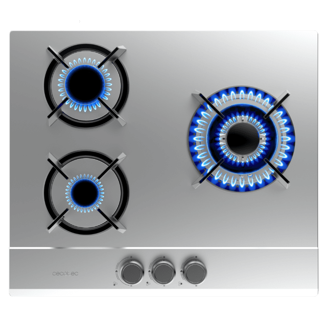 Bolero Squad G 3200S Inox Placa de gas, 3 fuegos, acabado en acero inoxidable, parrillas individuales de hierro fundido, potencia de 6,25kW, quemador WOK triple corona, encendido eléctrico, sistema de seguridad de las válvulas, para gas natural y accesorio para la conversión de gas incluído.