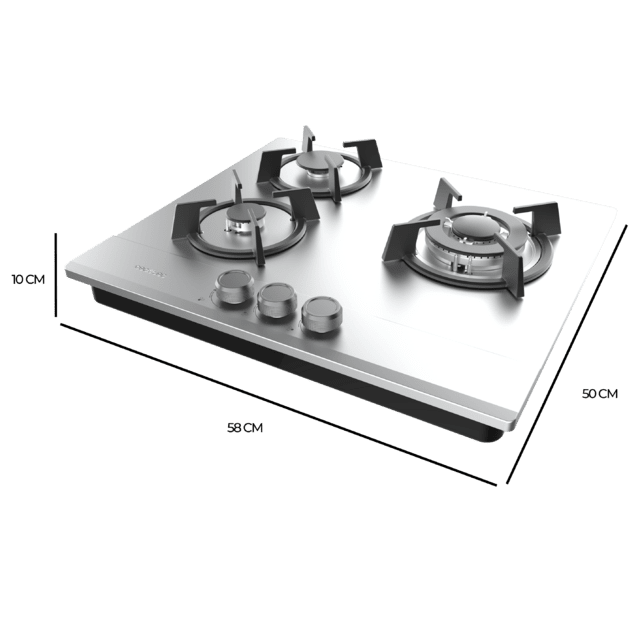 Bolero Squad G 3200S Inox Placa de gas, 3 fuegos, acabado en acero inoxidable, parrillas individuales de hierro fundido, potencia de 6,25kW, quemador WOK triple corona, encendido eléctrico, sistema de seguridad de las válvulas, para gas natural y accesorio para la conversión de gas incluído.