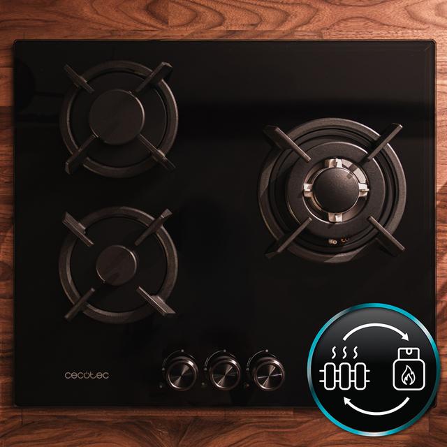 Bolero Squad G 3200S Glass Black Placa de gas, 3 fuegos, acabado en cristal negro, parrillas individuales de hierro fundido, potencia de 6,25kW, quemador WOK triple corona, encendido eléctrico, sistema de seguridad de las válvulas, para gas natural y accesorio de gas butano incluído.