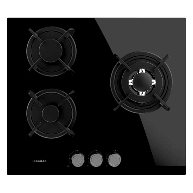 Bolero Squad G 3200S Glass Black Placa de gas, 3 fuegos, acabado en cristal negro, parrillas individuales de hierro fundido, potencia de 6,25kW, quemador WOK triple corona, encendido eléctrico, sistema de seguridad de las válvulas, para gas natural y accesorio de gas butano incluído.