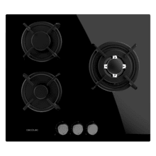 Bolero Squad G 3200S Glass Black Placa de gas, 3 fuegos, acabado en cristal negro, parrillas individuales de hierro fundido, potencia de 6,25kW, quemador WOK triple corona, encendido eléctrico, sistema de seguridad de las válvulas, para gas natural y accesorio de gas butano incluído.