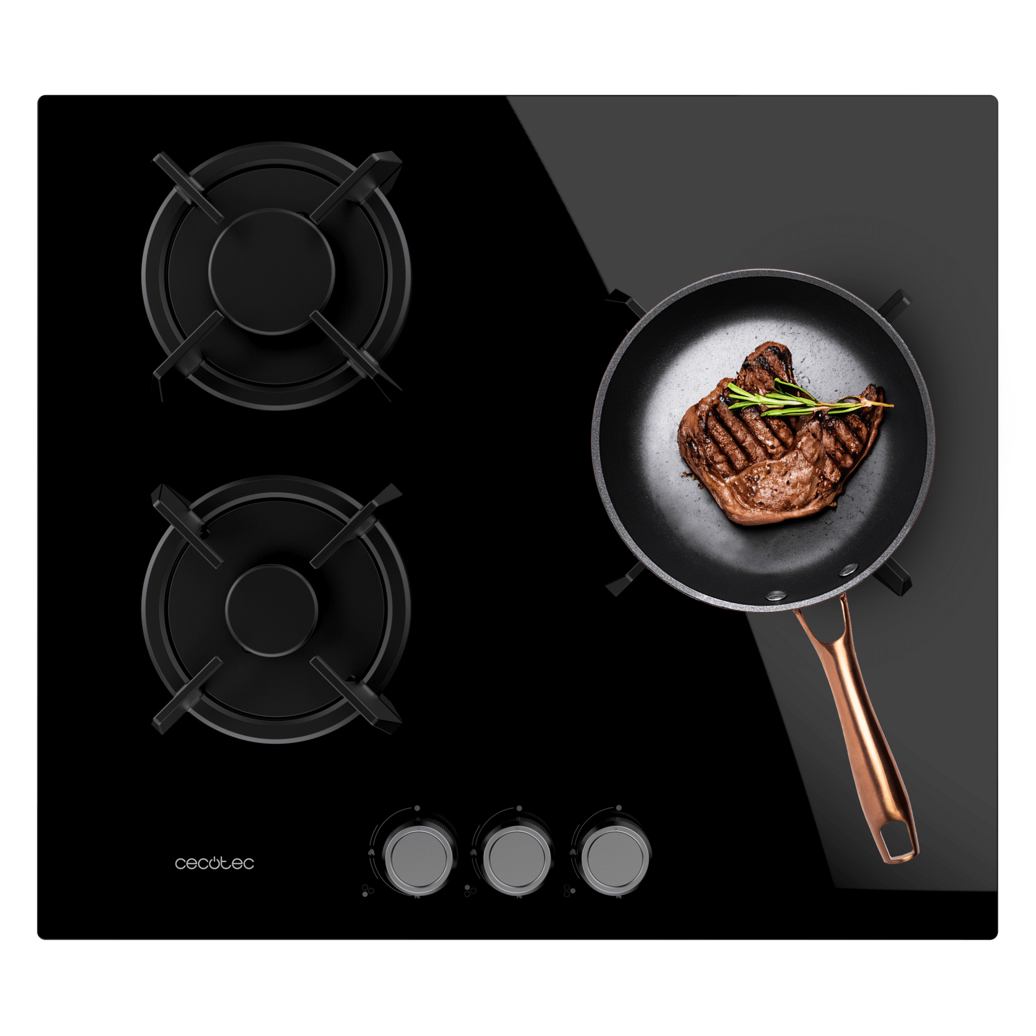 Bolero Squad G 3200S Glass Black Placa de fogão a gás, 3 queimadores, acabamento em vidro preto, grelhas individuais em ferro fundido, potência de 6250 W, queimador WOK de tripla coroa, ignição eléctrica, sistema de segurança das válvulas, para gás natural e gás butano, acessório incluído.