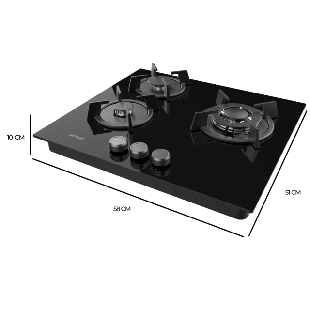 Bolero Squad G 3200S Glass Black Placa de gas, 3 fuegos, acabado en cristal negro, parrillas individuales de hierro fundido, potencia de 6,25kW, quemador WOK triple corona, encendido eléctrico, sistema de seguridad de las válvulas, para gas natural y accesorio de gas butano incluído.