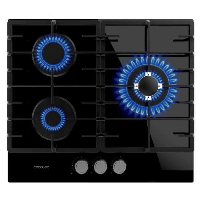 Bolero Squad G 3200F Glass Black Placa de gas, 3 fuegos, acabado en cristal negro, parrillas completas de hierro fundido, potencia de 6,25kW, quemador WOK triple corona, encendido eléctrico, sistema de seguridad de las válvulas, para gas natural y accesorio de gas butano incluído.