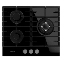 Bolero Squad G 3200F Glass Black Placa de gas, 3 fuegos, acabado en cristal negro, parrillas completas de hierro fundido, potencia de 6,25kW, quemador WOK triple corona, encendido eléctrico, sistema de seguridad de las válvulas, para gas natural y accesorio de gas butano incluído.