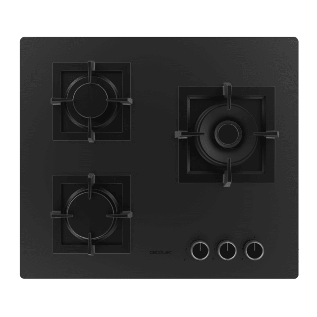 Bolero Squad G 3800S Eternal Nano Glass Placa de gas, 3 fuegos, acabado en cristal negro mate, parrillas individuales de hierro fundido, potencia de 10,35kW, quemador Eternal, encendido eléctrico, sistema de seguridad de las válvulas, para gas natural y accesorios para la conversión de gas incluído.