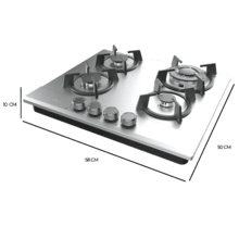Bolero Squad G 4200S Inox Placa de gas, 4 fuegos, acabado en acero inoxidable, parrillas individuales de hierro fundido, potencia de 8kW, quemador WOK triple corona, encendido eléctrico, sistema de seguridad de las válvulas, para gas natural y accesorio para la conversión de gas incluído.