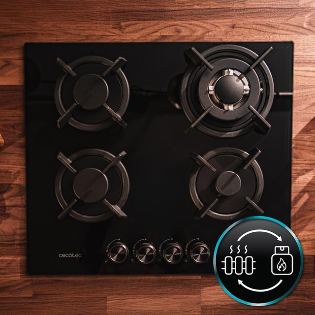 Bolero Squad G 4200S Glass Black Placa de gas, 4 fuegos, acabado en cristal negro, parrillas individuales de hierro fundido, potencia de 8kW, quemador WOK triple corona, encendido eléctrico, sistema de seguridad de las válvulas, para gas natural y accesorio de gas butano incluído.