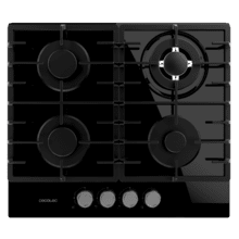 Bolero Squad G 4200F Glass Black Placa de gas, 4 fuegos, acabado en cristal negro, parrillas completas de hierro fundido, potencia de 8kW, quemador WOK triple corona, encendido eléctrico, sistema de seguridad de las válvulas, para gas natural y accesorio de gas butano incluído.