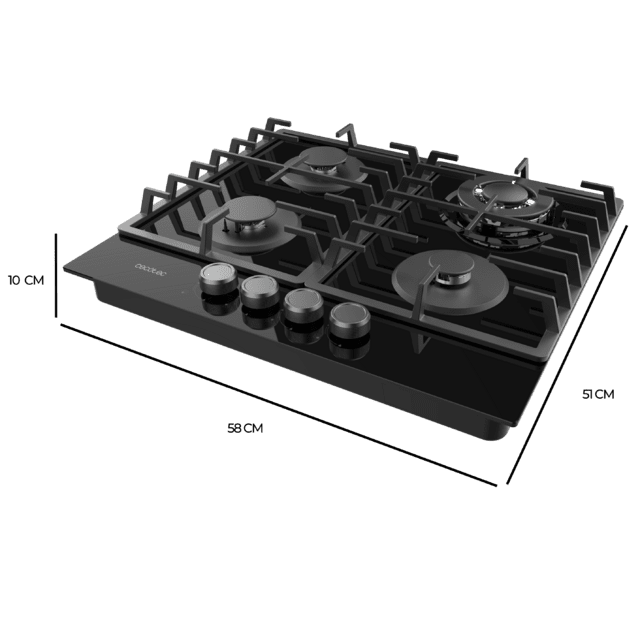 Bolero Squad G 4200F Glass Black Placa de gas, 4 fuegos, acabado en cristal negro, parrillas completas de hierro fundido, potencia de 8kW, quemador WOK triple corona, encendido eléctrico, sistema de seguridad de las válvulas, para gas natural y accesorio de gas butano incluído.