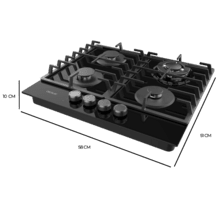 Bolero Squad G 4200F Glass Black Placa de gas, 4 fuegos, acabado en cristal negro, parrillas completas de hierro fundido, potencia de 8kW, quemador WOK triple corona, encendido eléctrico, sistema de seguridad de las válvulas, para gas natural y accesorio de gas butano incluído.