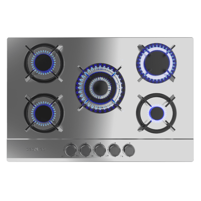 Bolero Squad G 5200S Inox Placa de gas, 5 fuegos, acabado en acero inoxidable, parrillas individuales de hierro fundido, potencia de 11kW, quemador WOK triple corona, encendido eléctrico, sistema de seguridad de las válvulas, para gas natural y accesorio para la conversión de gas incluído.