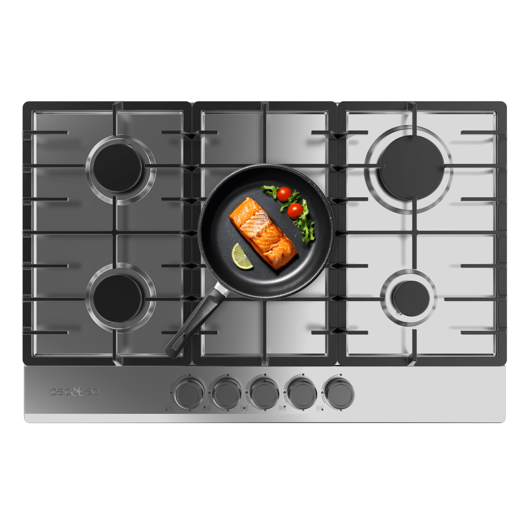 Bolero Squad G 5200F Inox Plaque de cuisson à gaz, 5 foyers, finition en acier inoxydable, grille en fonte, puissance de 11000 W, foyer WOK triple anneau, allumage électrique, système de sécurité des valves, gaz naturel avec accessoire de conversion au gaz butane.