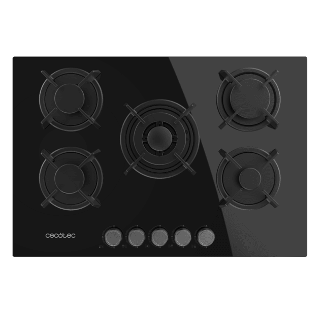 Bolero Squad G 5200S Glass Black Placa de gas, 5 fuegos, acabado en cristal negro, parrillas individuales de hierro fundido, potencia de 11kW, quemador WOK triple corona, encendido eléctrico, sistema de seguridad de las válvulas, para gas natural y accesorio para la conversión de gas incluído.