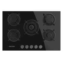 Bolero Squad G 5200S Glass Black Placa de gas, 5 fuegos, acabado en cristal negro, parrillas individuales de hierro fundido, potencia de 11kW, quemador WOK triple corona, encendido eléctrico, sistema de seguridad de las válvulas, para gas natural y accesorio para la conversión de gas incluído.