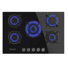 Bolero Squad G 5200S Glass Black Placa de gas, 5 fuegos, acabado en cristal negro, parrillas individuales de hierro fundido, potencia de 11kW, quemador WOK triple corona, encendido eléctrico, sistema de seguridad de las válvulas, para gas natural y accesorio para la conversión de gas incluído.