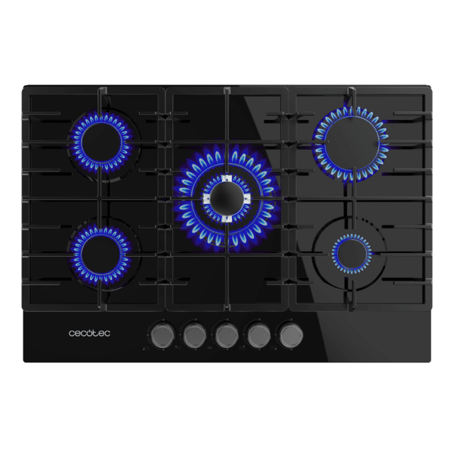 Bolero Squad G 5200F Glass Black Placa de gas, 5 fuegos, acabado en cristal negro, parrillas completas de hierro fundido, potencia de 11kW, quemador WOK triple corona, encendido eléctrico, sistema de seguridad de las válvulas, para gas natural y accesorio para la conversión de gas incluído.