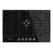 Bolero Squad G 5200F Glass Black Placa de gas, 5 fuegos, acabado en cristal negro, parrillas completas de hierro fundido, potencia de 11kW, quemador WOK triple corona, encendido eléctrico, sistema de seguridad de las válvulas, para gas natural y accesorio para la conversión de gas incluído.