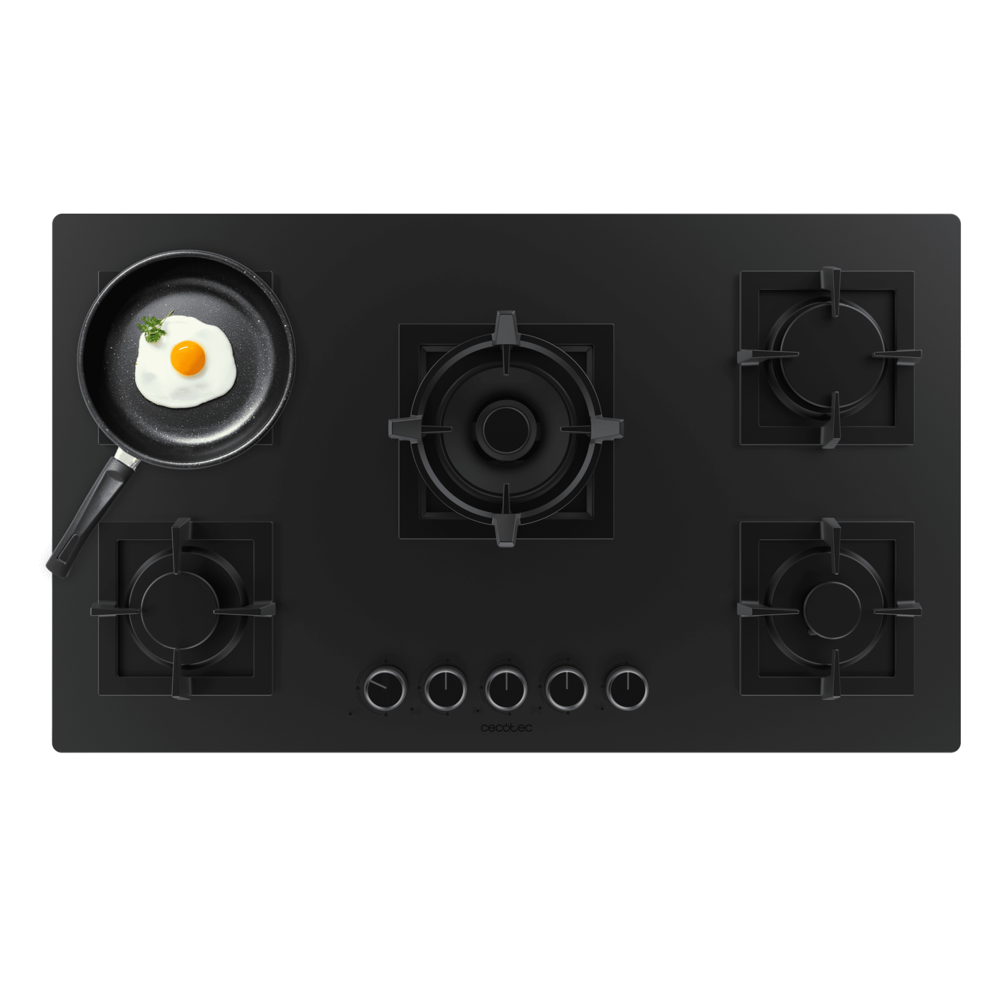 Bolero Squad G 5800S Eternal Nano Glass Plaque de cuisson à gaz, 5 foyers, finition en verre noir mat, grilles individuelles en fonte, puissance de 13100 W, foyer Eternal avec support WOK, allumage électronique, système de sécurité des valves, gaz naturel avec accessoire de conversion au gaz butane.