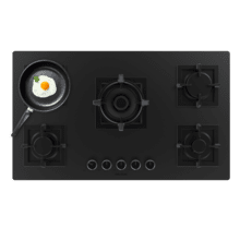 Bolero Squad G 5800S Eternal Nano Glass Placa de gas, 5 fuegos, acabado en cristal negro mate, parrillas individuales de hierro fundido, potencia de 13,1kW, quemador eternal con soporte WOK, encendido eléctrico, sistema de seguridad de las válvulas, para gas natural y accesorios para la conversión de gas incluído.