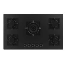 Bolero Squad G 5800S Eternal Nano Glass Placa de gas, 5 fuegos, acabado en cristal negro mate, parrillas individuales de hierro fundido, potencia de 13,1kW, quemador eternal con soporte WOK, encendido eléctrico, sistema de seguridad de las válvulas, para gas natural y accesorios para la conversión de gas incluído.