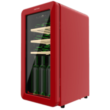 Bolero GrandSommelier Origin 18 Hit Red Vinoteca de diseño retro color rojo, Capacidad para 18 botellas, Control electrónico de temperatura mediante display LED, Rango ajustable de 5 a 20ºC, Compresor Integrado, Tecnología NoFrost, Estantes de madera, Luz interior, Ventilación interna asistida por ventilador, Dimensiones de Alto 74,3cm, Ancho 36,6cm, Fondo 47,6cm