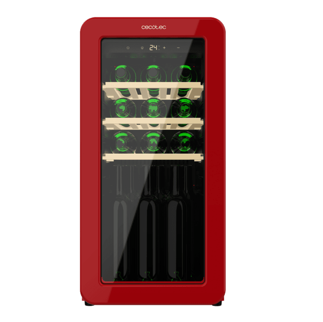 Bolero GrandSommelier Origin 18 Hit Red Vinoteca de diseño retro color rojo, Capacidad para 18 botellas, Control electrónico de temperatura mediante display LED, Rango ajustable de 5 a 20ºC, Compresor Integrado, Tecnología NoFrost, Estantes de madera, Luz interior, Ventilación interna asistida por ventilador, Dimensiones de Alto 74,3cm, Ancho 36,6cm, Fondo 47,6cm