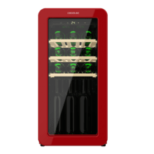 Bolero GrandSommelier Origin 18 Hit Red Vinoteca de diseño retro color rojo, Capacidad para 18 botellas, Control electrónico de temperatura mediante display LED, Rango ajustable de 5 a 20ºC, Compresor Integrado, Tecnología NoFrost, Estantes de madera, Luz interior, Ventilación interna asistida por ventilador, Dimensiones de Alto 74,3cm, Ancho 36,6cm, Fondo 47,6cm