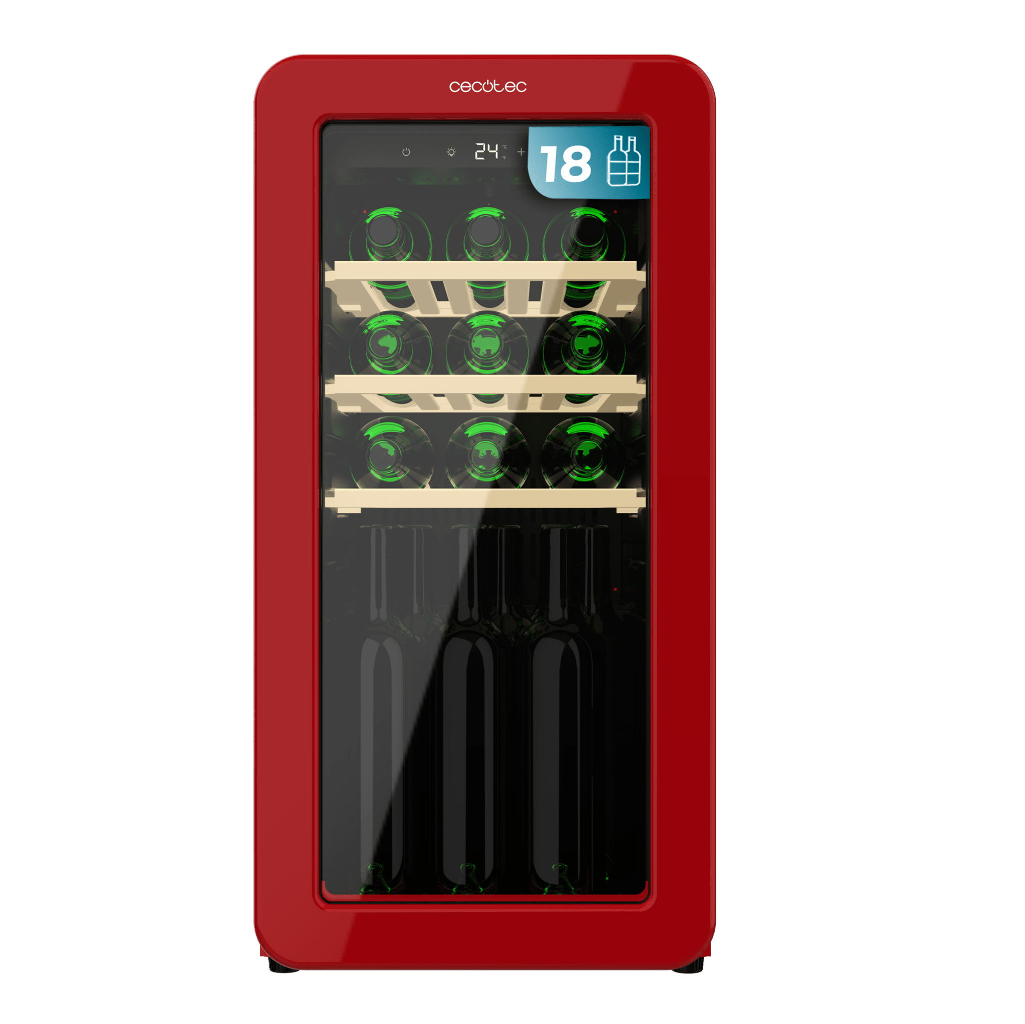 Bolero GrandSommelier Origin 18 Hit Rotweinkeller im roten Retro-Design, Kapazität für 18 Flaschen, elektronische Temperaturregelung über LED-Display, einstellbarer Bereich von 5 bis 20 °C, integrierter Kompressor, NoFrost-Technologie, Holzregale, Innenbeleuchtung, interne Belüftung mit Ventilator, Abmessungen Höhe 74,3 cm, Breite 36,6 cm, Tiefe 47,6 cm