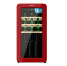 Bolero GrandSommelier Origin 18 Hit Red Vinoteca de diseño retro color rojo, Capacidad para 18 botellas, Control electrónico de temperatura mediante display LED, Rango ajustable de 5 a 20ºC, Compresor Integrado, Tecnología NoFrost, Estantes de madera, Luz interior, Ventilación interna asistida por ventilador, Dimensiones de Alto 74,3cm, Ancho 36,6cm, Fondo 47,6cm