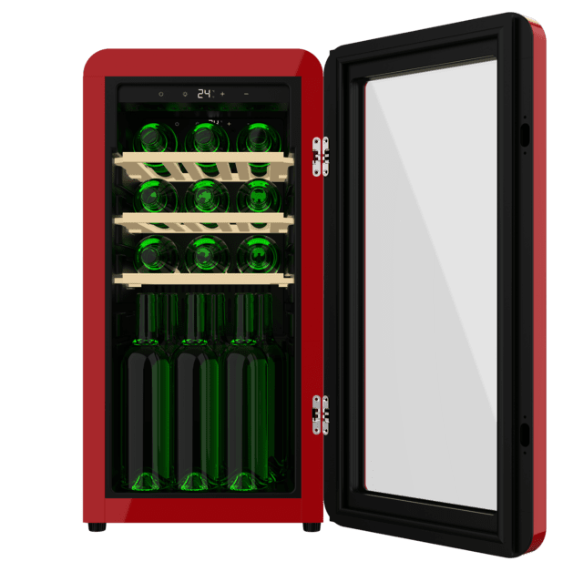 Bolero GrandSommelier Origin 18 Hit Red Vinoteca de diseño retro color rojo, Capacidad para 18 botellas, Control electrónico de temperatura mediante display LED, Rango ajustable de 5 a 20ºC, Compresor Integrado, Tecnología NoFrost, Estantes de madera, Luz interior, Ventilación interna asistida por ventilador, Dimensiones de Alto 74,3cm, Ancho 36,6cm, Fondo 47,6cm