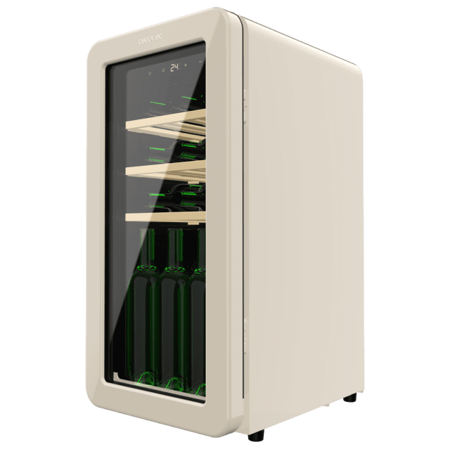 Bolero GrandSommelier Origin 18 Hit Beige Vinoteca de diseño retro color beige, Capacidad para 18 botellas, Control electrónico de temperatura mediante display LED, Rango ajustable de 5 a 20ºC, Compresor Integrado, Tecnología NoFrost, Estantes de madera, Luz interior, Ventilación interna asistida por ventilador, Dimensiones de Alto 74,3cm, Ancho 36,6cm, Fondo 47,6cm