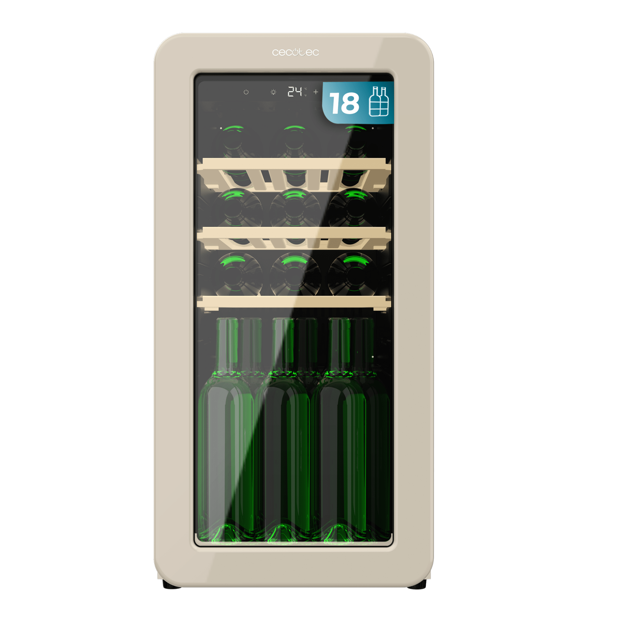 Bolero GrandSommelier Origin 18 Hit Beige Weinkeller mit Retro-Beige-Design, Kapazität für 18 Flaschen, Elektronische Temperaturregelung über LED-Display, Regelbereich von 5 bis 20 °C, Integrierter Kompressor, NoFrost-Technologie, Holzregale, Innenbeleuchtung, Interne Belüftung mit Ventilator, Abmessungen Höhe 74,3 cm, Breite 36,6 cm, Tiefe 47,6 cm