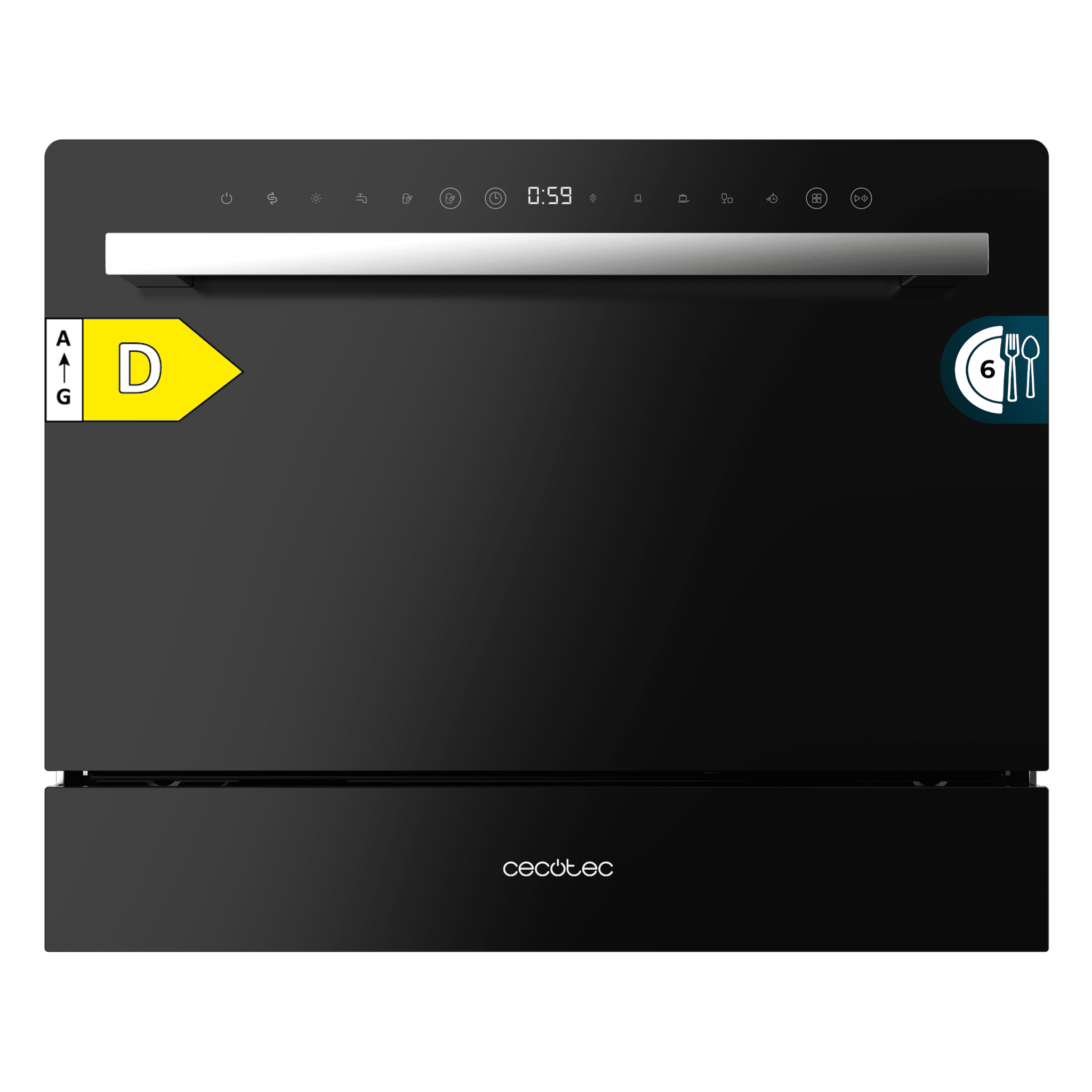 Bolero Aguazero 2400 Black Glass Kompakter 6 Gedecke Geschirrspüler mit schwarzer Glasoberfläche, Energieklasse D, 5 Programmen, Touch Control Panel, Delay Start, Child Lock und Besteckkorb.