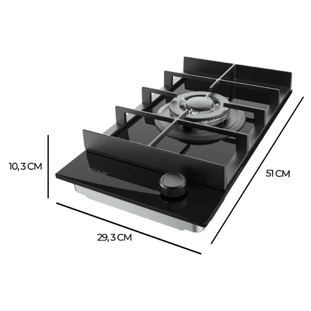 Bolero Squad G 1400F Glass Black - Placa de Gas de 1 Fuego, 3,4kW, Glass Black, Parrillas de Hierro Fundido, Quemador WOK Triple Corona, Encendido Electrónico, Seguridad en Válvulas, accesorio para la conversión de gas incluído.