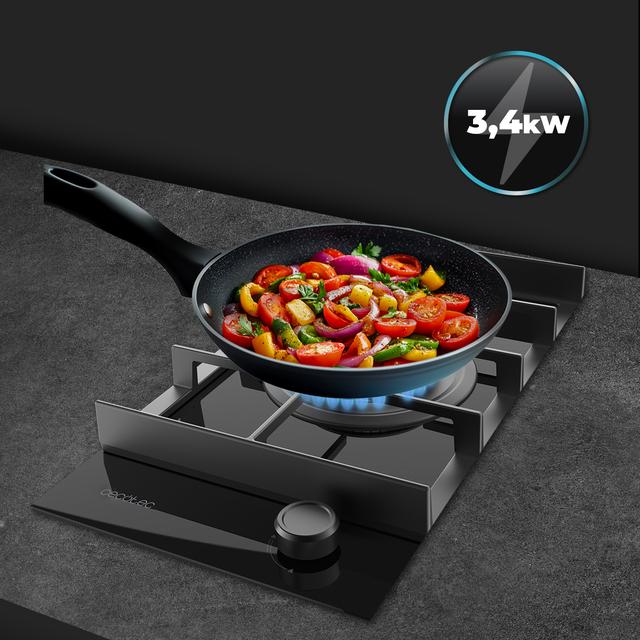 Bolero Squad G 1400F Glass Black - Placa de Gas de 1 Fuego, 3,4kW, Glass Black, Parrillas de Hierro Fundido, Quemador WOK Triple Corona, Encendido Electrónico, Seguridad en Válvulas, accesorio para la conversión de gas incluído.