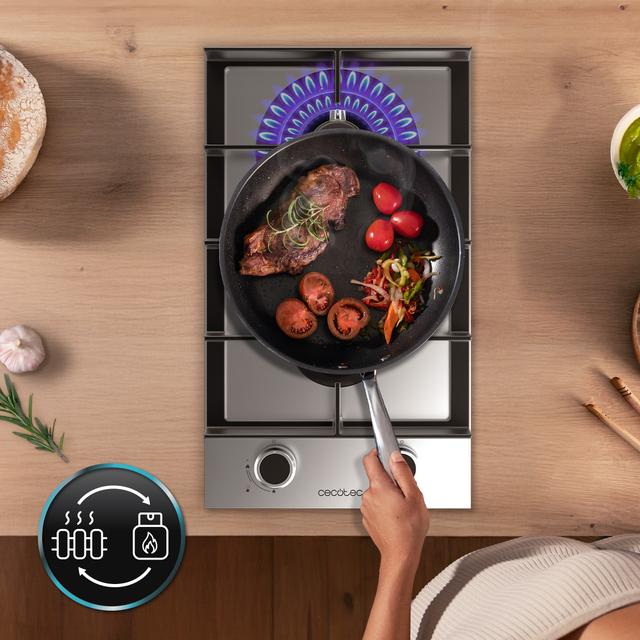 Bolero Squad G 2400F Inox - Placa de gas de 2 Fuegos, 5,2kW, Acero Inoxidable, Parrillas de Hierro Fundido, Quemador WOK Triple Corona, Encendido Electrónico, Seguridad en Válvulas, accesorio para la conversión de gas incluído.