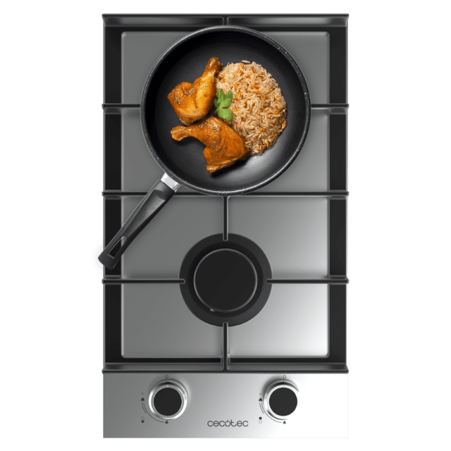 Bolero Squad G 2400F Inox - Placa de gas de 2 Fuegos, 5,2kW, Acero Inoxidable, Parrillas de Hierro Fundido, Quemador WOK Triple Corona, Encendido Electrónico, Seguridad en Válvulas, accesorio para la conversión de gas incluído.