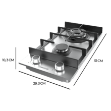 Bolero Squad G 2400F Inox - Placa de gas de 2 Fuegos, 5,2kW, Acero Inoxidable, Parrillas de Hierro Fundido, Quemador WOK Triple Corona, Encendido Electrónico, Seguridad en Válvulas, accesorio para la conversión de gas incluído.