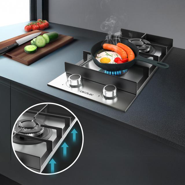 Bolero Squad G 2400F Inox - Placa de gas de 2 Fuegos, 5,2kW, Acero Inoxidable, Parrillas de Hierro Fundido, Quemador WOK Triple Corona, Encendido Electrónico, Seguridad en Válvulas, accesorio para la conversión de gas incluído.