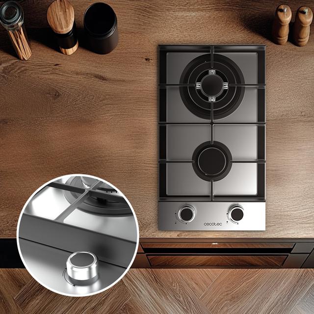 Bolero Squad G 2400F Inox - Placa de gas de 2 Fuegos, 5,2kW, Acero Inoxidable, Parrillas de Hierro Fundido, Quemador WOK Triple Corona, Encendido Electrónico, Seguridad en Válvulas, accesorio para la conversión de gas incluído.