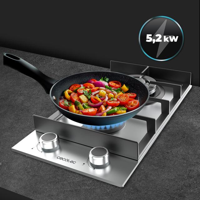Bolero Squad G 2400F Inox - Placa de gas de 2 Fuegos, 5,2kW, Acero Inoxidable, Parrillas de Hierro Fundido, Quemador WOK Triple Corona, Encendido Electrónico, Seguridad en Válvulas, accesorio para la conversión de gas incluído.