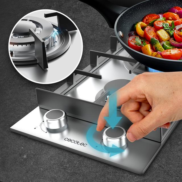 Bolero Squad G 2400F Inox - Placa de gas de 2 Fuegos, 5,2kW, Acero Inoxidable, Parrillas de Hierro Fundido, Quemador WOK Triple Corona, Encendido Electrónico, Seguridad en Válvulas, accesorio para la conversión de gas incluído.