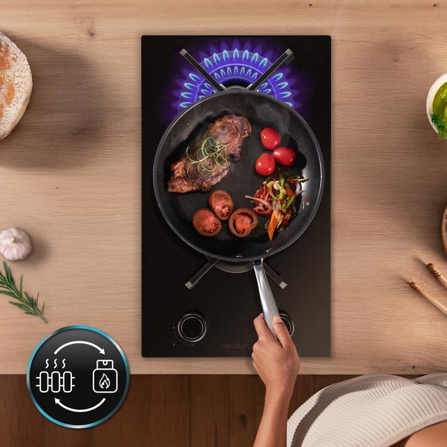 Bolero Squad G 2400S Nano Glass - Placa de gas de 2 Fuegos, 5,2kW, Nano Glass, Parrillas de Hierro Fundido, Quemador WOK Triple Corona, Encendido Electrónico, Seguridad en Válvulas, accesorio para la conversión de gas incluído.
