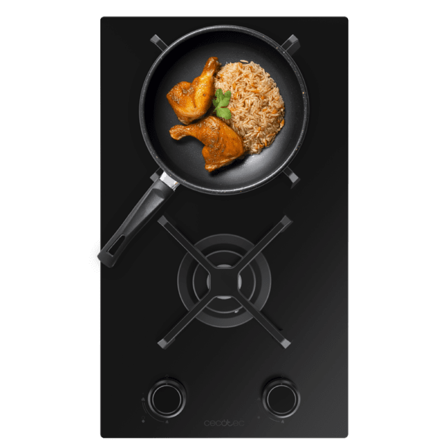 Bolero Squad G 2400S Nano Glass - Placa de gas de 2 Fuegos, 5,2kW, Nano Glass, Parrillas de Hierro Fundido, Quemador WOK Triple Corona, Encendido Electrónico, Seguridad en Válvulas, accesorio para la conversión de gas incluído.