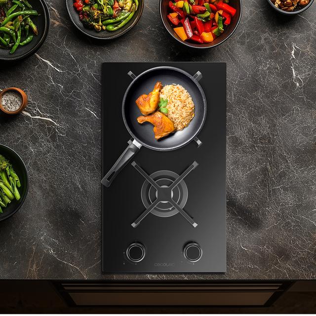 Bolero Squad G 2400S Nano Glass - Placa de gas de 2 Fuegos, 5,2kW, Nano Glass, Parrillas de Hierro Fundido, Quemador WOK Triple Corona, Encendido Electrónico, Seguridad en Válvulas, accesorio para la conversión de gas incluído.