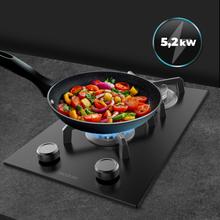 Bolero Squad G 2400S Nano Glass - Placa de gas de 2 Fuegos, 5,2kW, Nano Glass, Parrillas de Hierro Fundido, Quemador WOK Triple Corona, Encendido Electrónico, Seguridad en Válvulas, accesorio para la conversión de gas incluído.