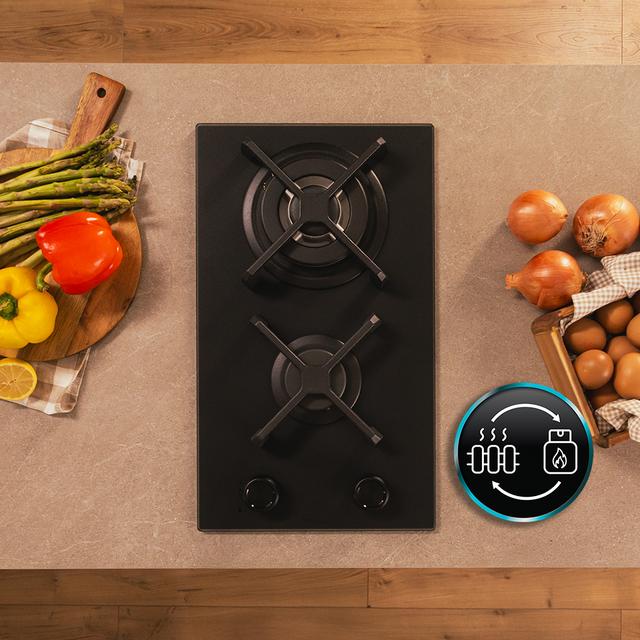 Bolero Squad G 2400S Nano Glass - Placa de gas de 2 Fuegos, 5,2kW, Nano Glass, Parrillas de Hierro Fundido, Quemador WOK Triple Corona, Encendido Electrónico, Seguridad en Válvulas, accesorio para la conversión de gas incluído.