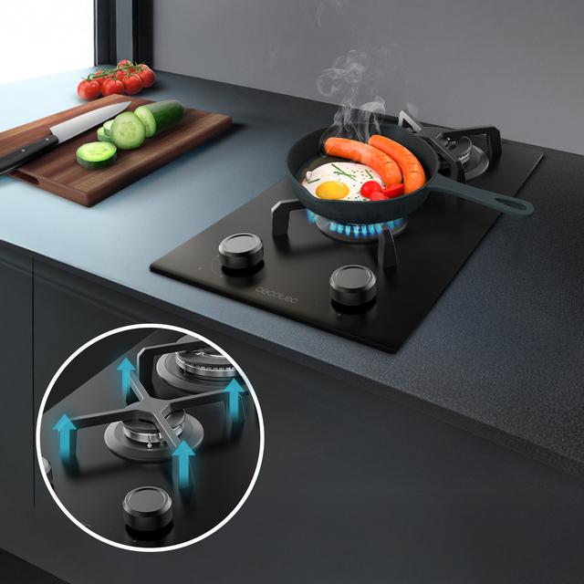 Bolero Squad G 2400S Nano Glass - Placa de gas de 2 Fuegos, 5,2kW, Nano Glass, Parrillas de Hierro Fundido, Quemador WOK Triple Corona, Encendido Electrónico, Seguridad en Válvulas, accesorio para la conversión de gas incluído.